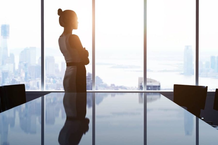 A woman in a corporate conference room looks out the window at the city below