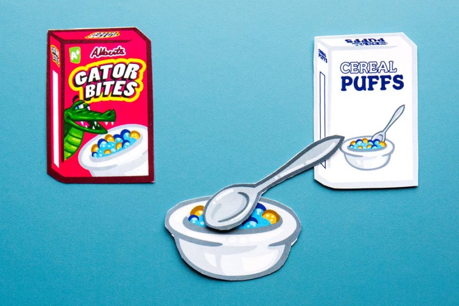 Cartoon-like drawing of cereal boxes and a bowl and spoon with cereal
