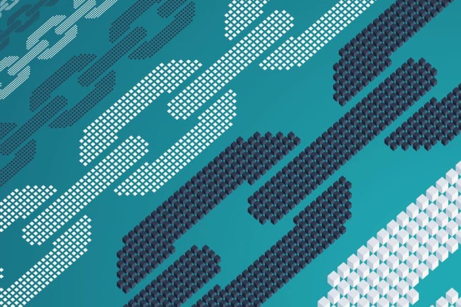 Navy and white chains made of small blocks on a turquoise background