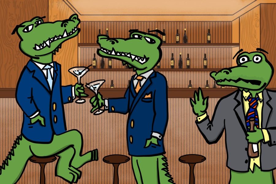 Two cartoon well-dressed gators drinking martinis looking sideways at another disheveled gator holding a beer and waving at the two other gators. Behind them is a bar with various bottles on the shelves.