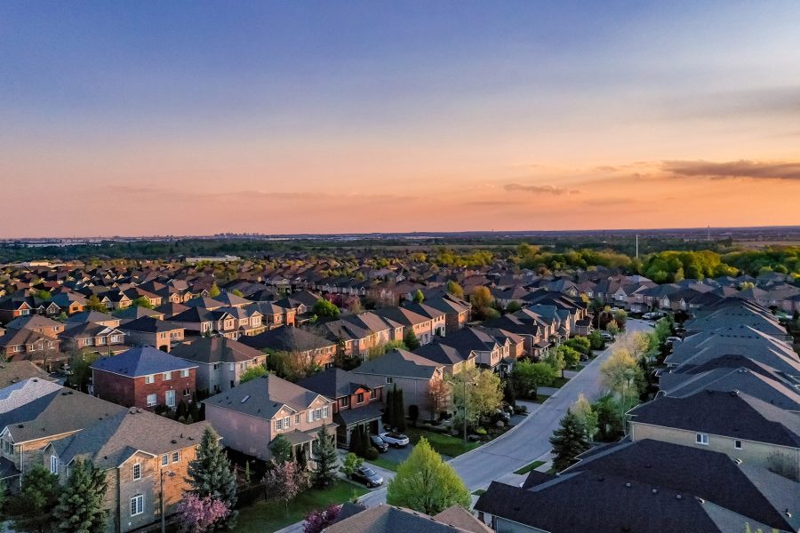 Aerial view of Residential Distratic at Major MacKenzie Dr. and Islinton Ave., detached and duplex house at Woodbridge and Kleinburg, Vaughan, Canada