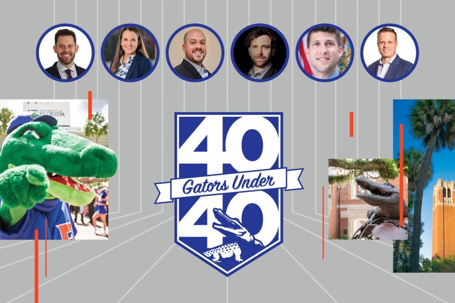 Photos of five men and one woman at the top of an image that has a 40 Gators Under 40 graphic flanked by the Albert Gator mascot and the Gator Ubiquity Statue and Century Tower.
