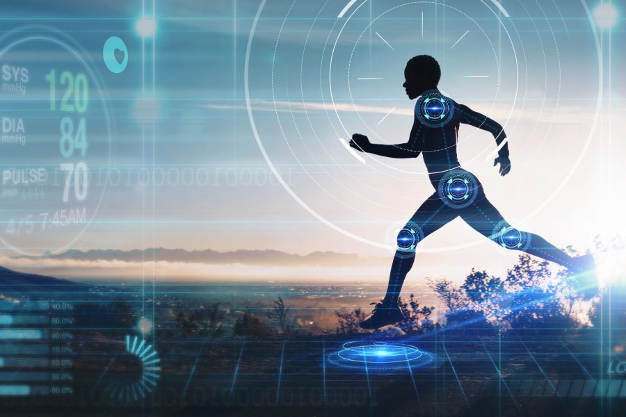 Hologram, athlete and running for wellness, exercise for healthy lifestyle and track heart rate. Male, futuristic and runner with digital sports, double exposure for marathon and fitness training