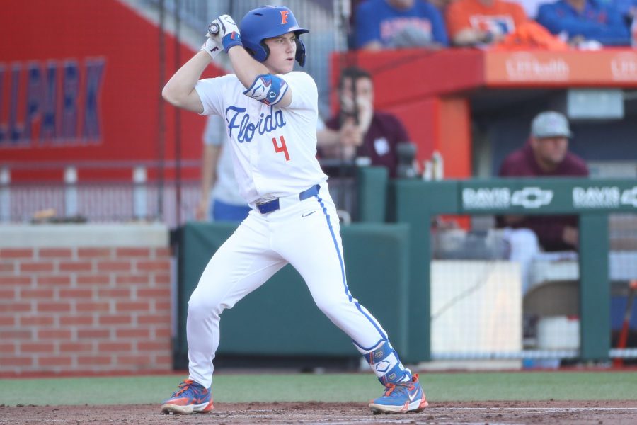 Cade Kurland in Gator baseball uniform stands ready for a pitch during a game.