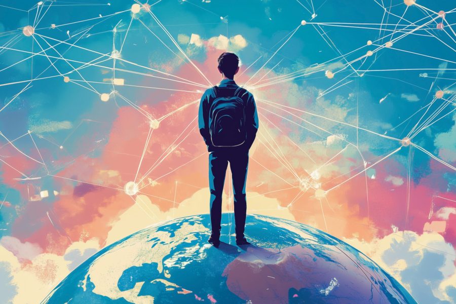 Graphic depicting a young man with a backpack standing on top of a globe looking at datapoints connected in space