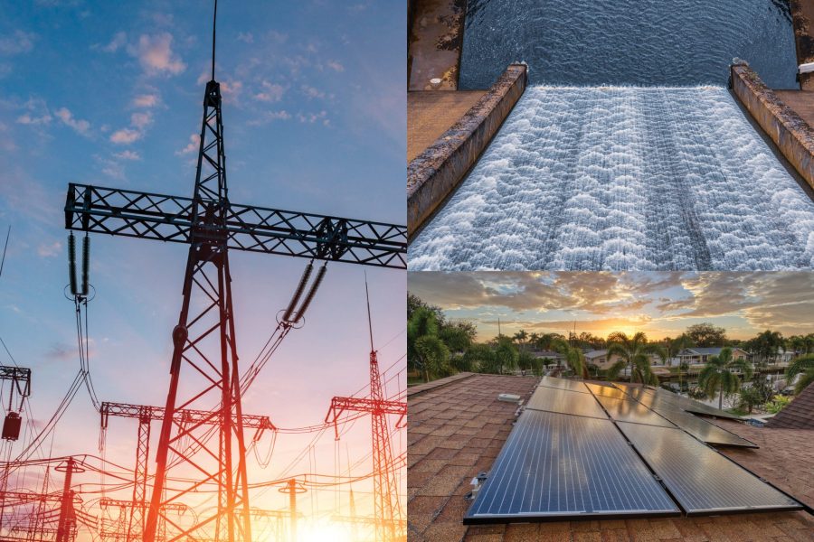 Collage of power lines, power from water and solor power.