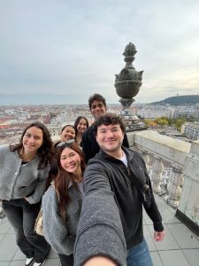 A group of students selfie on a balcony in Budapest, Hungary.