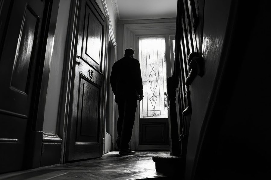 Person in an entry way of an older house in black and white