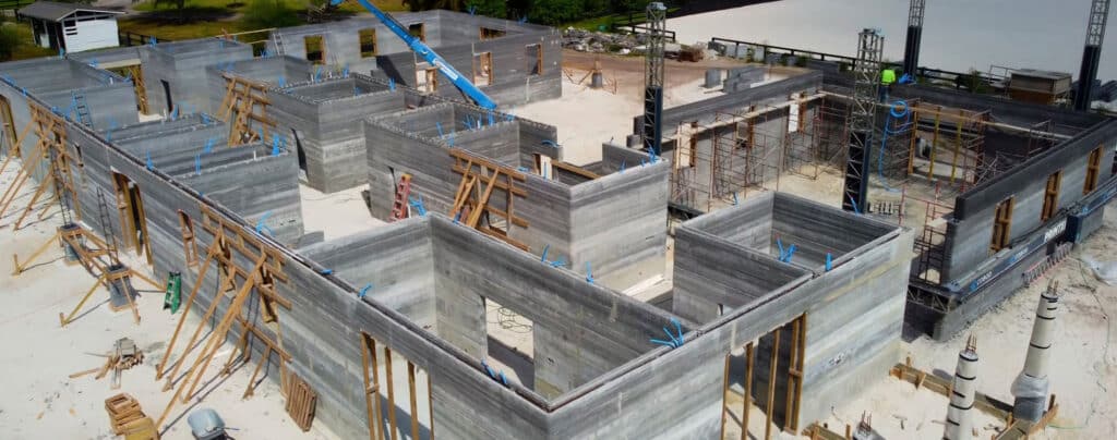 View from above a horse barn under construction with 3D printed walls