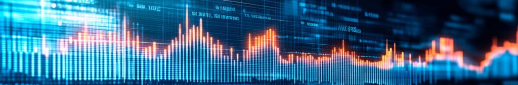 Graphic depicting a lengthy glowing bar chart on top of data in layers on a dark background