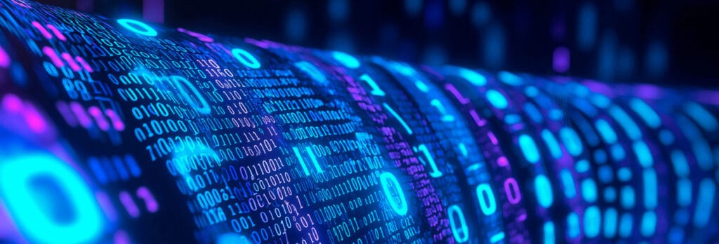 A depiction of glowing zeros and ones on dark backgrounds in columns rolling over a curving cylindrical shape