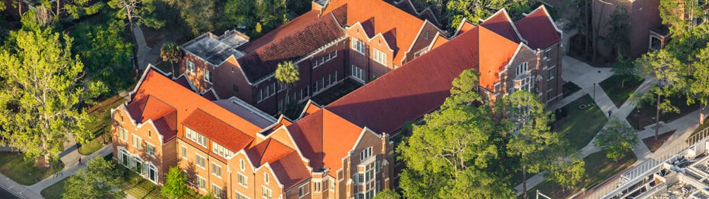 A drone shot of the University of Florida Warrington College of Business