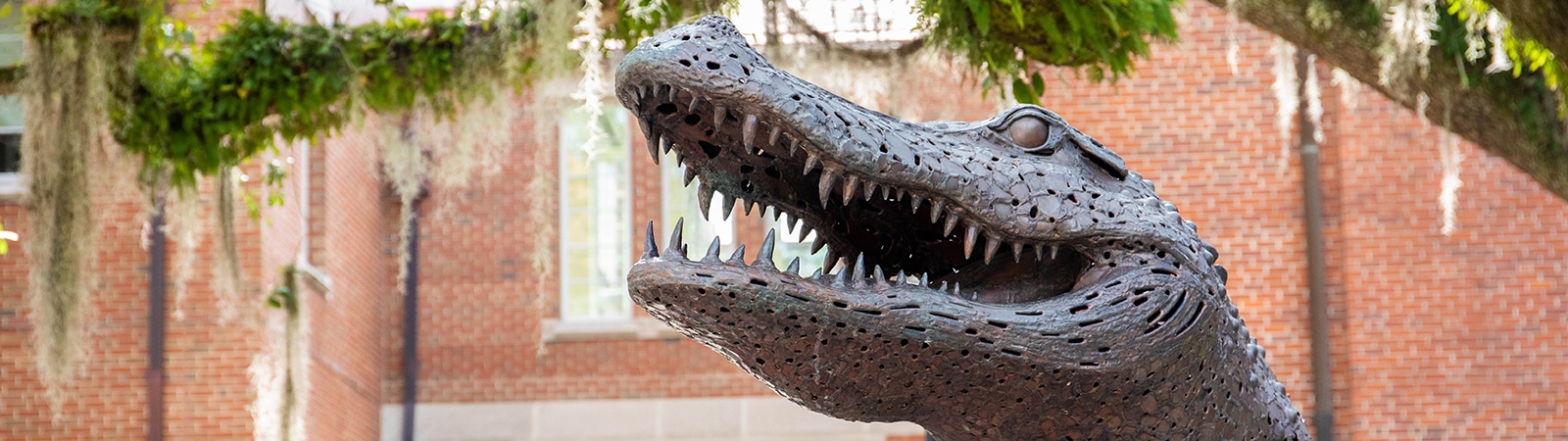 A statue of the University of Florida gator mascot in front of the Warrington College of Business
