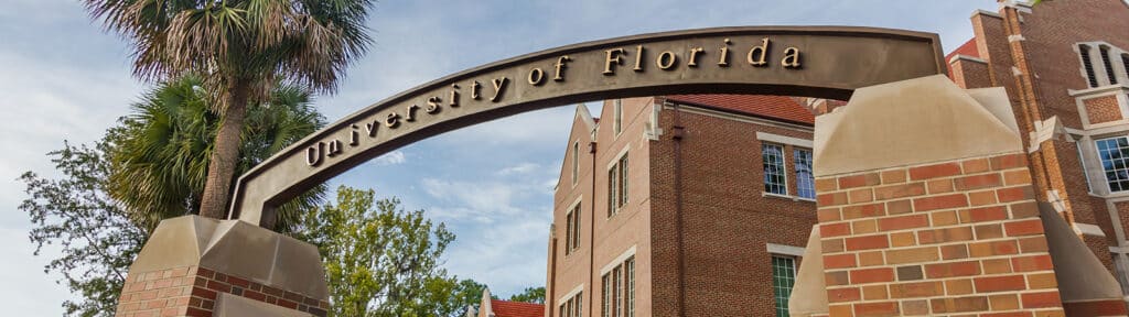 The exterior of the Warrington College of Business, right at the gates for the University of Florida