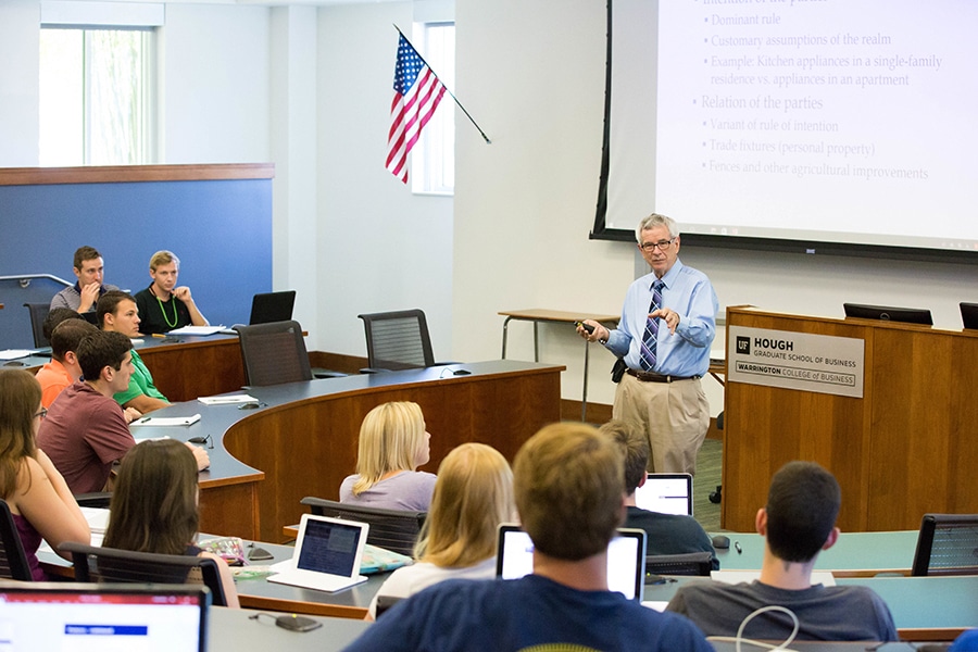 A UF Warrington College of Business graduate professor speaks to a class of students, including JD/MS in Real Estate candidates, during a lecture