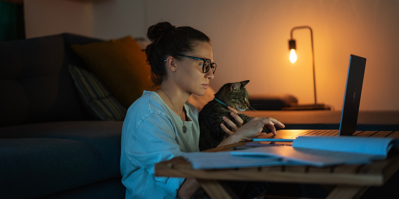 Holding a cat, an Online MBA student from UF Warrington participates in a short Sprint Series skills-building course through their laptop