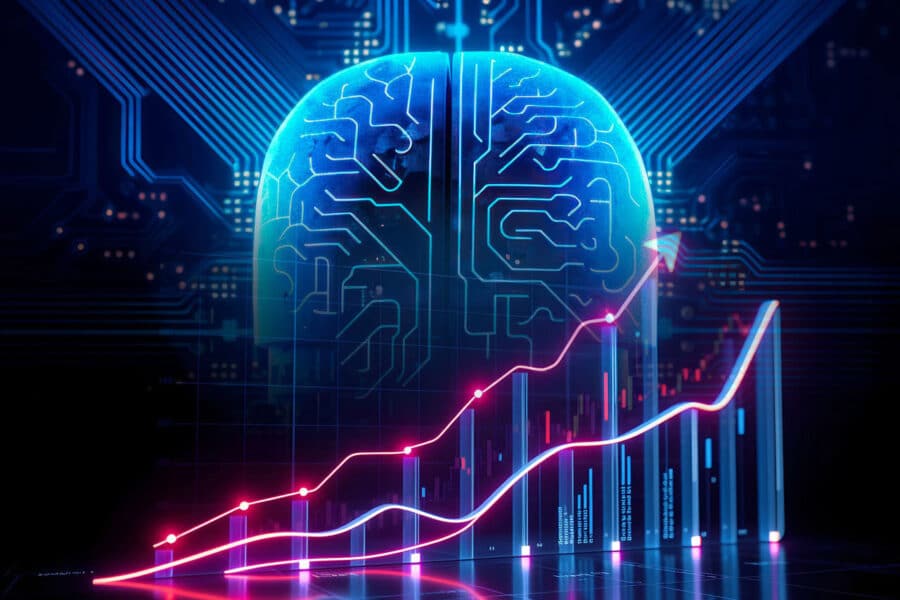 A graphic depicting a digital brain with processor lines in the background and graph lines in an upward trend in the foreground all glowing on a dark background
