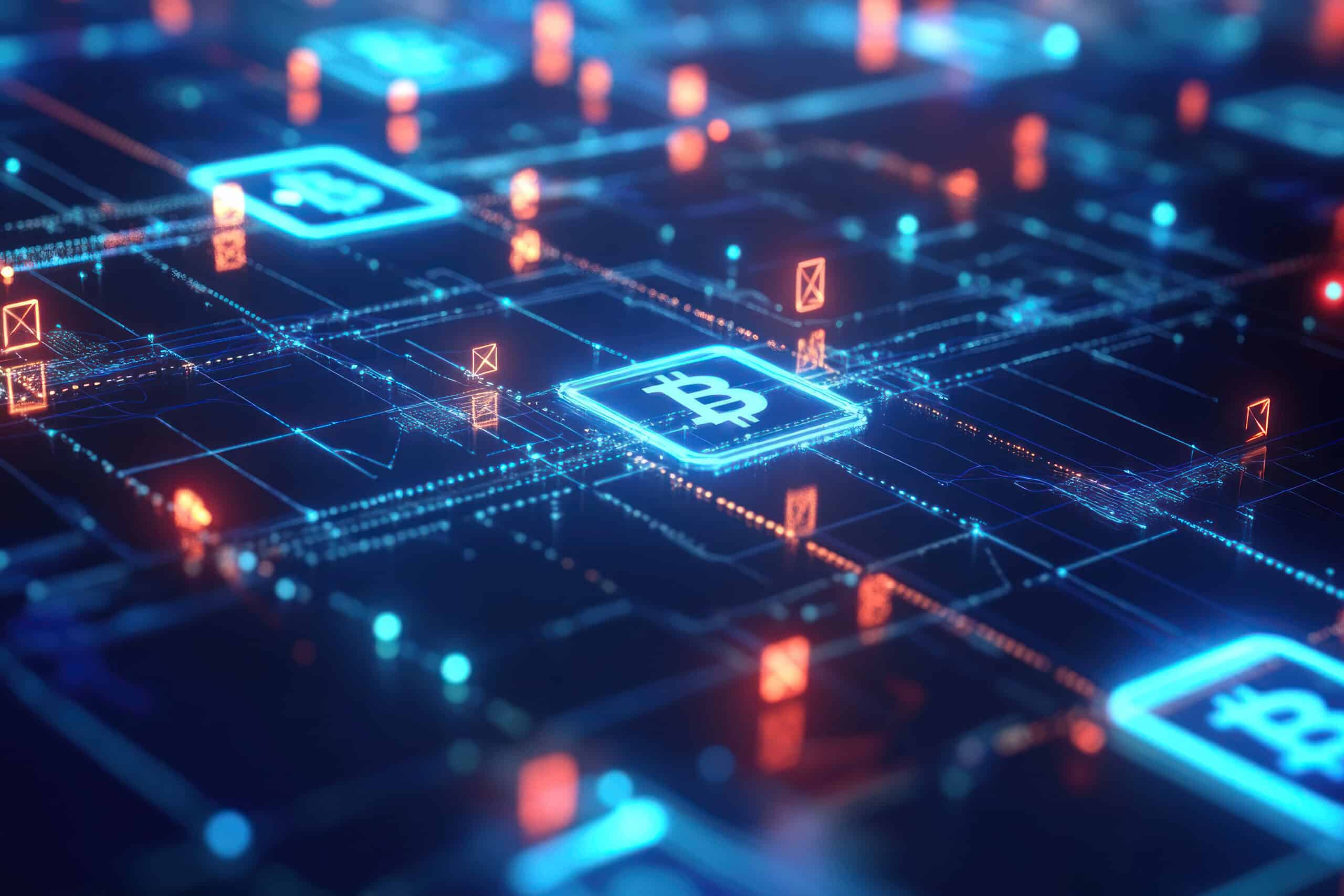 Futuristic blockchain technology and cryptocurrency network with bitcoin symbols, abstract illustration.