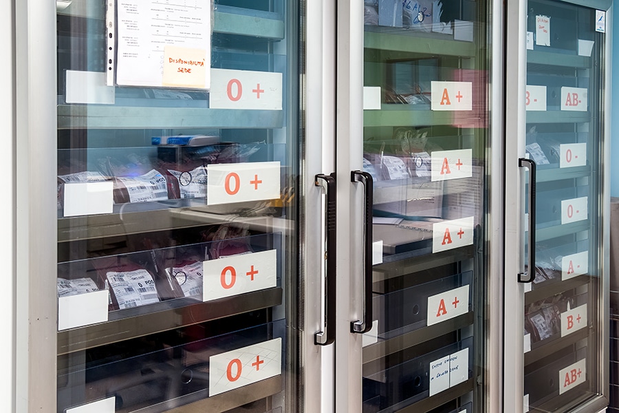 Refrigerated cabinet with stocks of blood bags in the hospital.