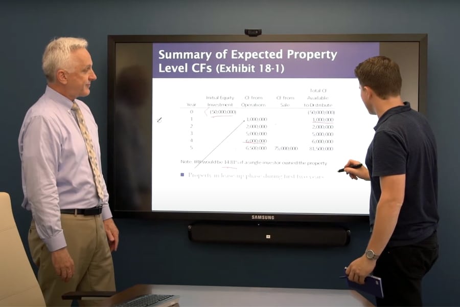 A professor and a graduate student review property cash flow data on a large digital screen during a real estate case studies class.