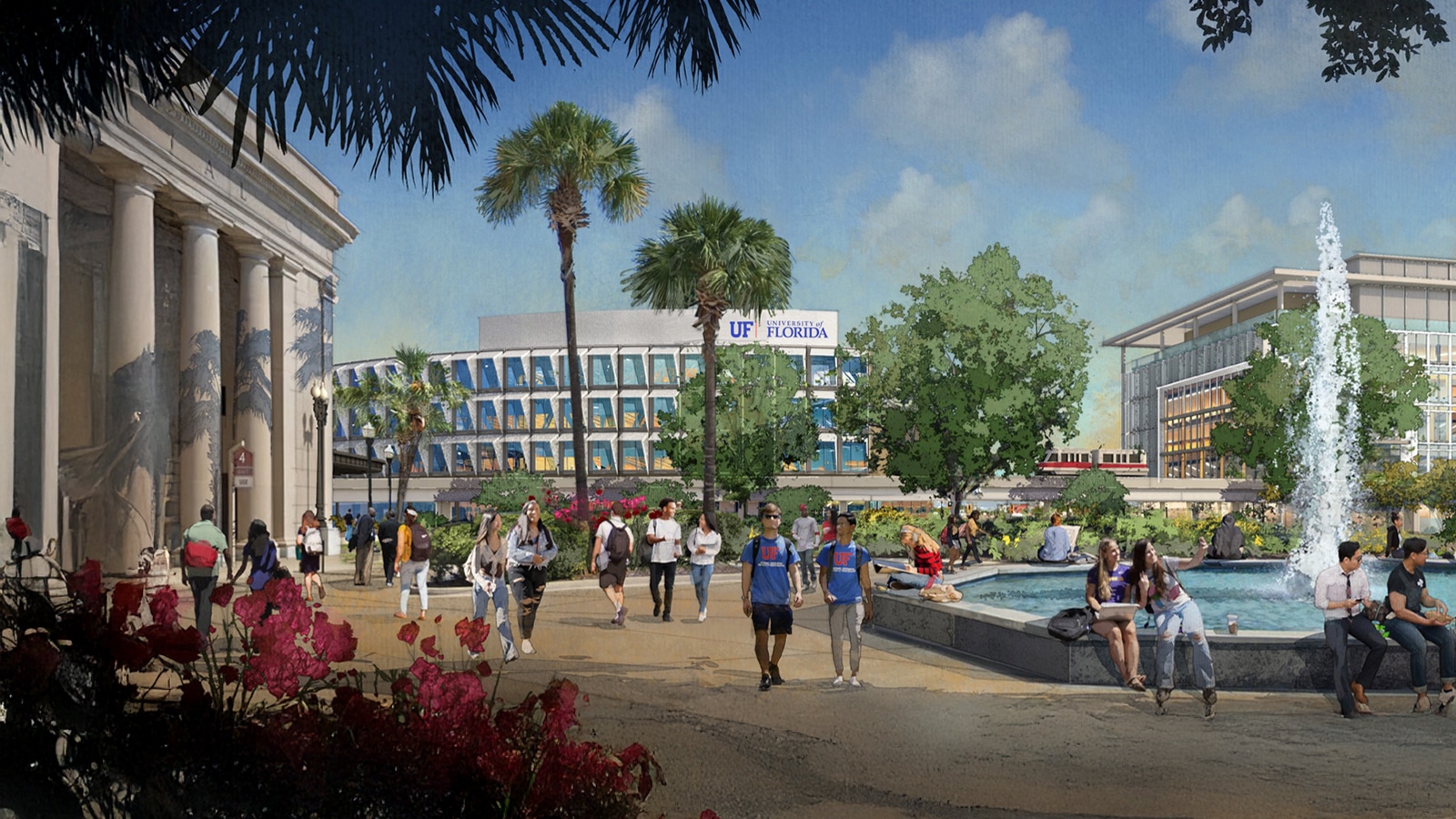 Rendering of the University of Florida’s Jacksonville campus showing modern buildings, palm trees, a fountain, and students walking and sitting outdoors in a vibrant plaza setting.
