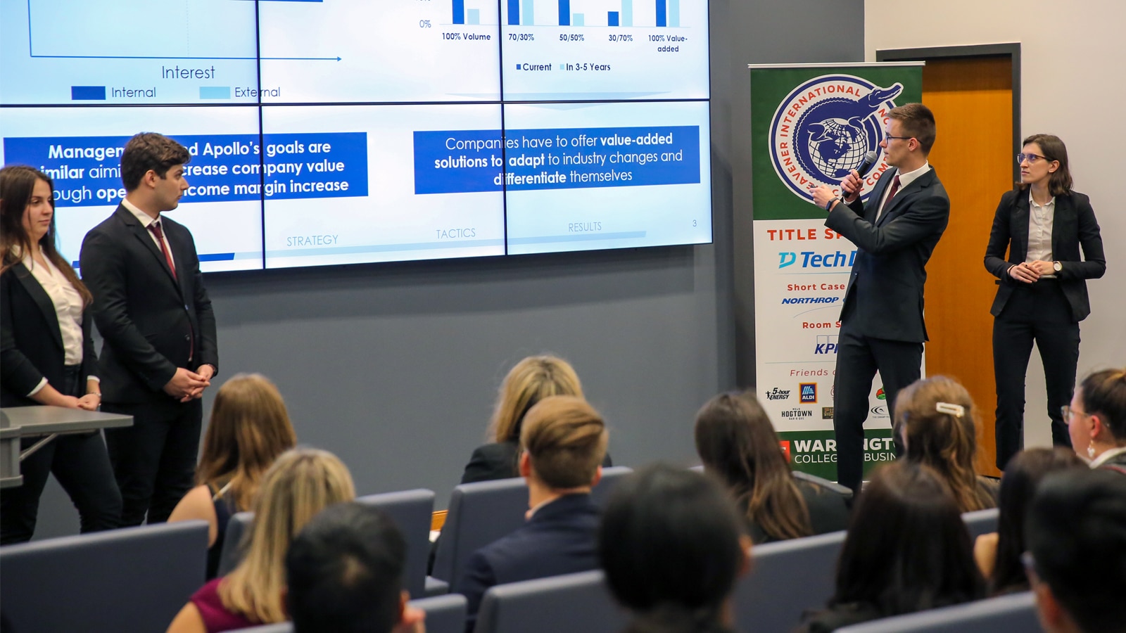 Students present a case study during the Heavener International Case Competition, with audience members watching intently.