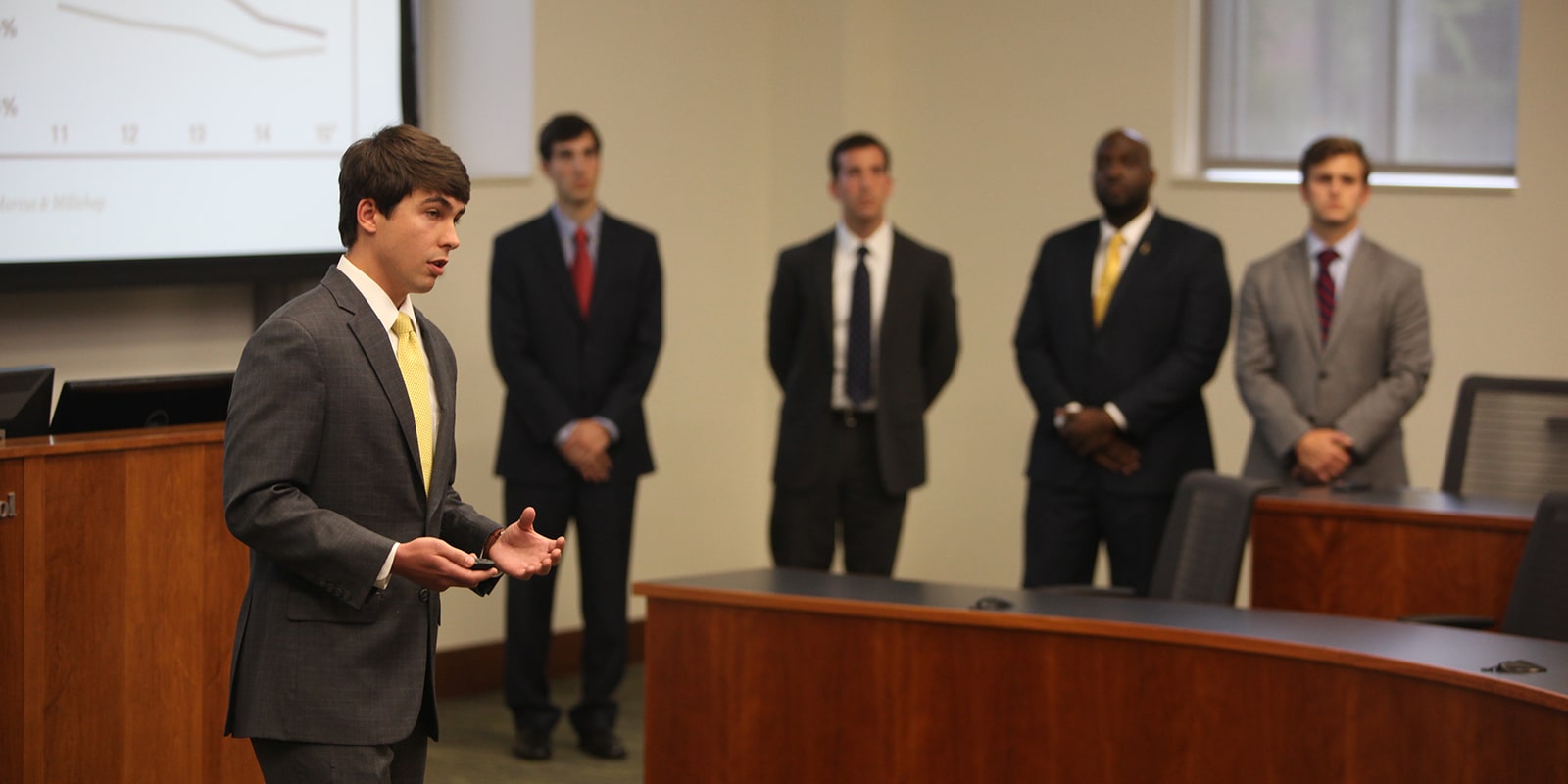 A team of students from UF Warrington's MS in Business Analytics program present on their findings to their business partner