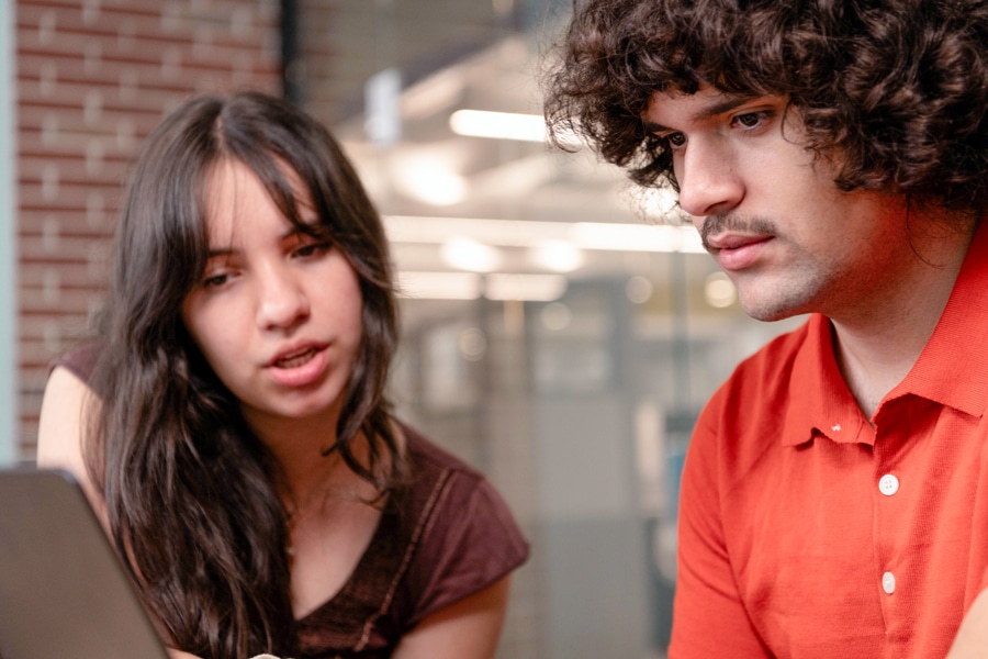 Two students focus on a laptop screen as they work together, one explaining something to the other in a collaborative study setting.