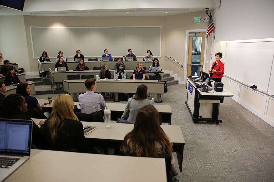 Alex Sink speaking at the Poe Business Ethics Center. 