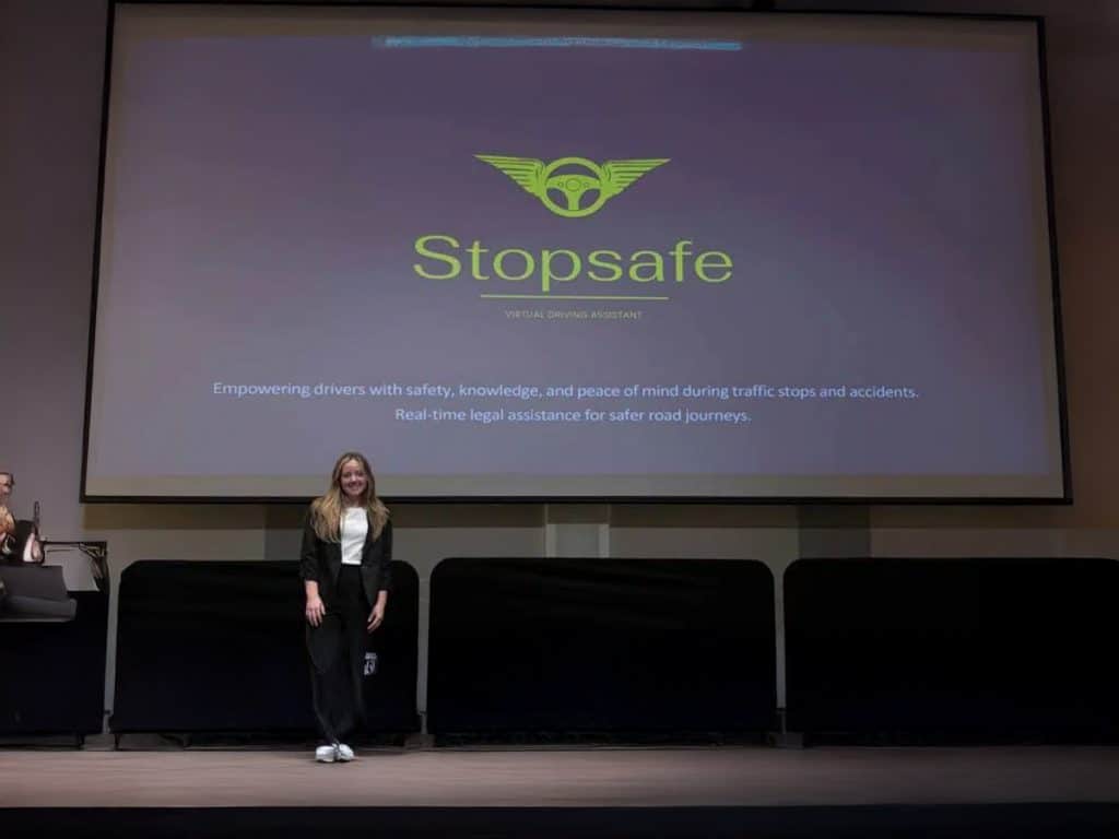 A student presenting about Stopsafe. 