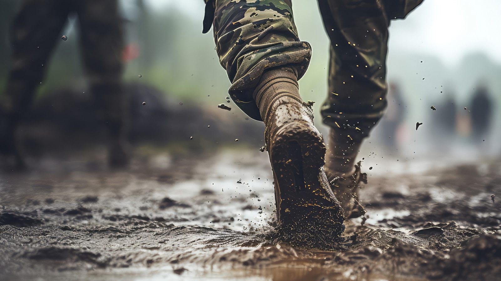Close-up of military boots walking through mud during training