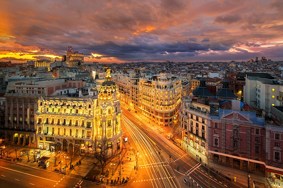 Panorama top view of Gran Via, main shopping street in Madrid from roof top bar, capital of Spain, Europe.