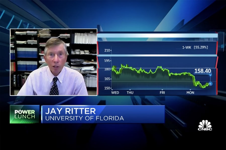 University of Florida finance professor Jay Ritter speaks on CNBC’s Power Lunch with stock trends displayed