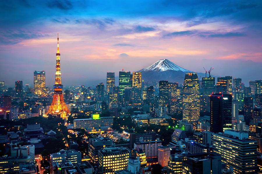 Aerial view of Tokyo cityscape with Fuji mountain in Japan.