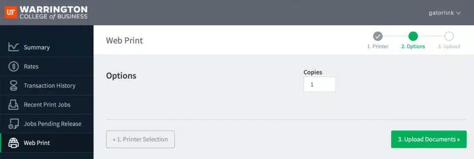screen cap of the printer interface