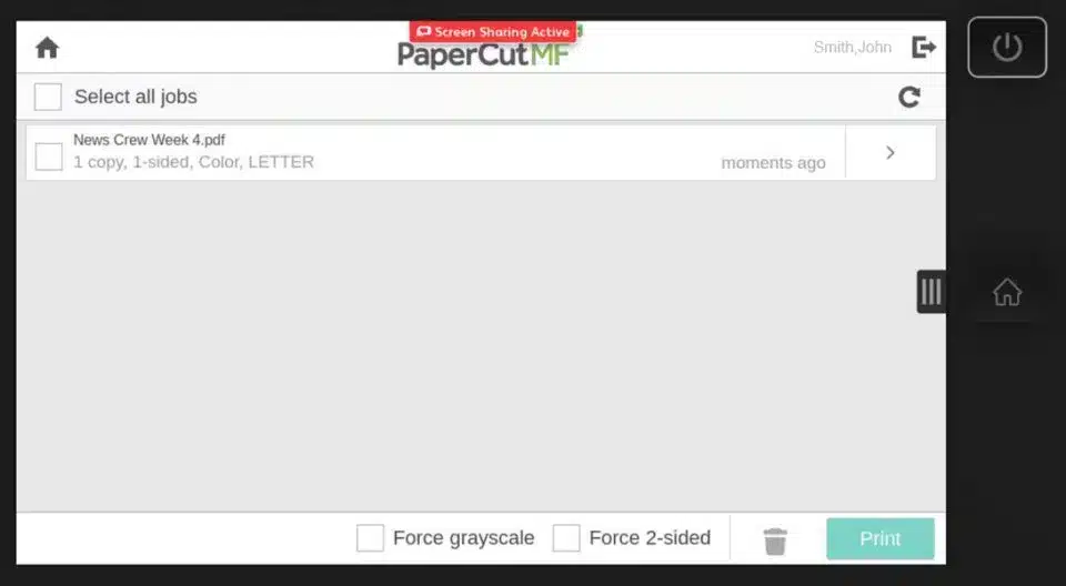screen cap of the printer interface