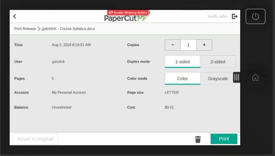 screen cap of the printer interface