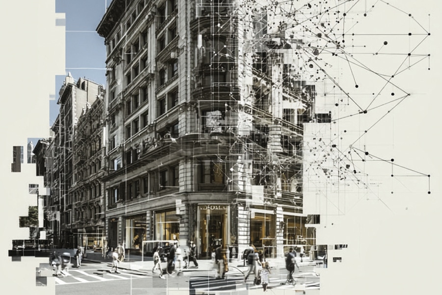 A graphic depicting a building on a city corner with people walking by. The edges of the graphic are blocky and there are lines with connecting dots overlaid on the image.