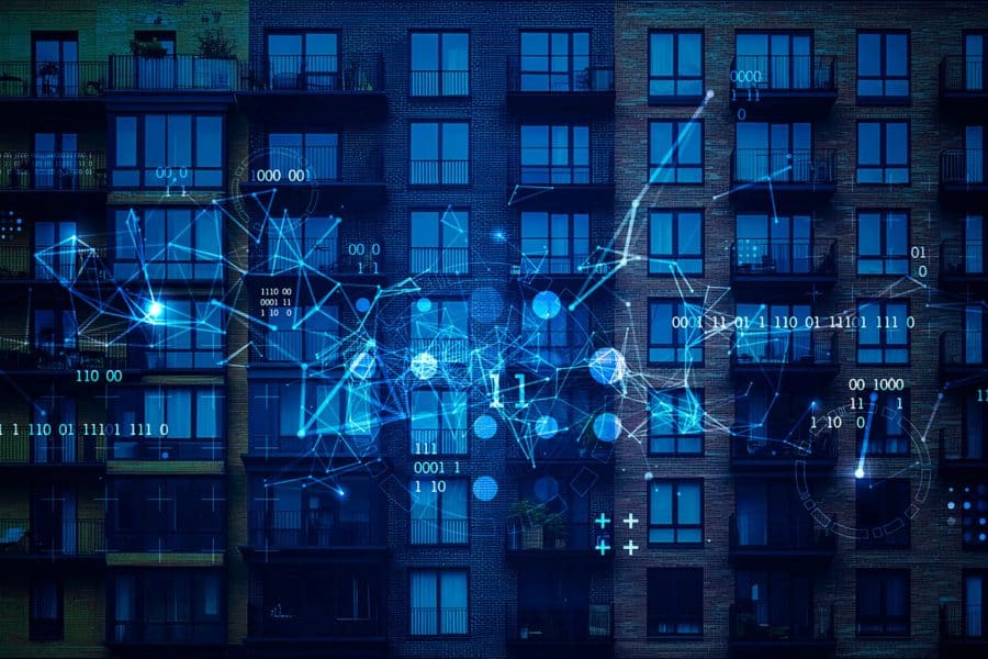 Side of an apartment building with balconies and windows with data artifacts overlaid on it.