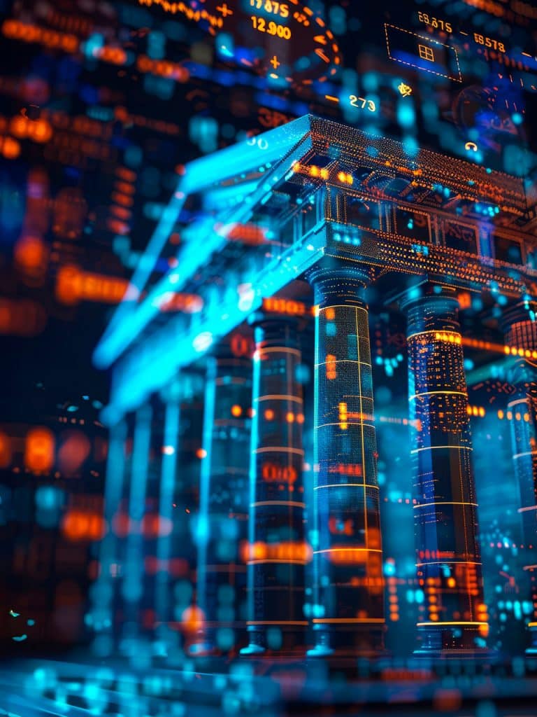 A depiction of a building with columns in a digital render with lines and numbers glowing on and behind the features.