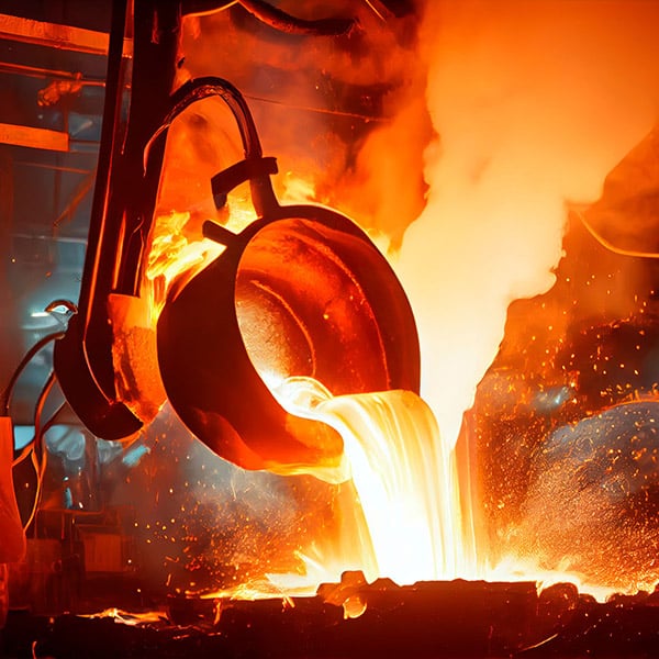 A depiction of melted metal being poured in a factory environment with smoke billowing up