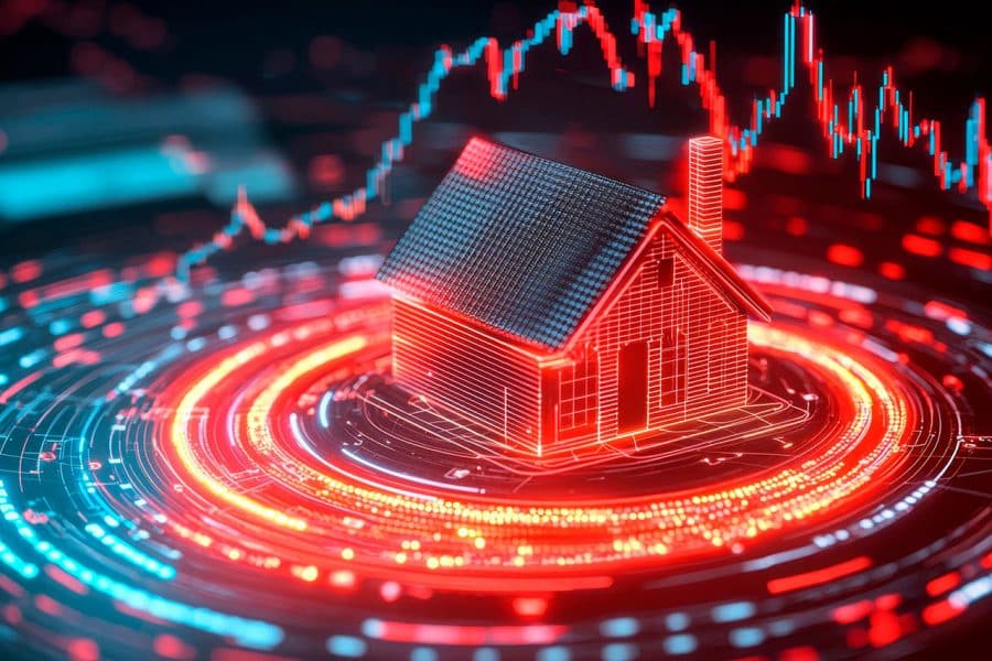 Graphic of glowing lines depicting a small house sitting on a surface of concentric circles and a graph line going up and down behind it.