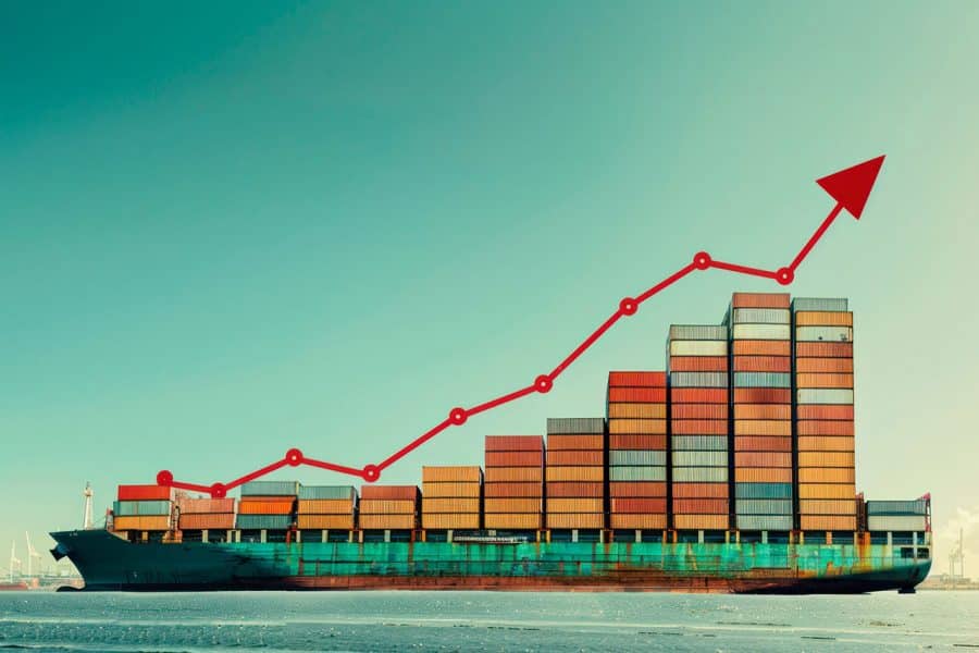 A graphic depicting a cargo ship loaded with containers are stacked higher as you go left to right. A trend line is overlaid on the image above the containers following the same trajectory.