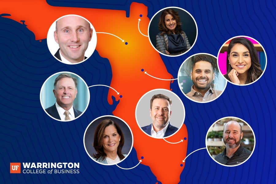 Promotional image for the University of Florida Warrington College of Business, featuring six professionals in individual circular frames connected by lines on a blue background with orange abstract patterns.