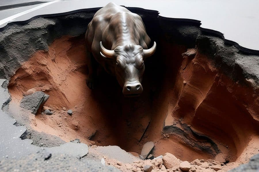 A depiction of a bull statue inside a deep hole in the middle of a paved area