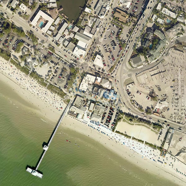 Aerial view of Fort Myers Beach busy with beach goers before Hurricane Ian in January 2022.