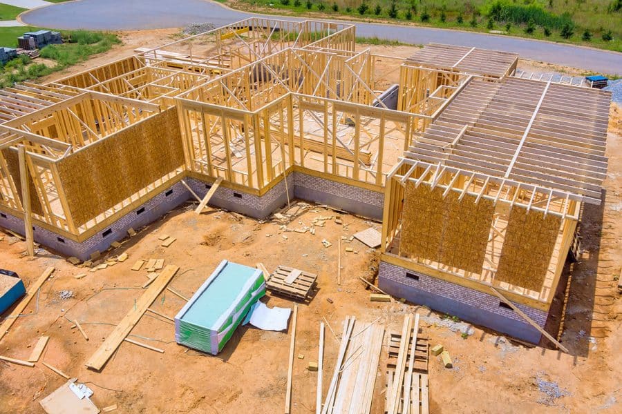 A framed-in home in a new residential development