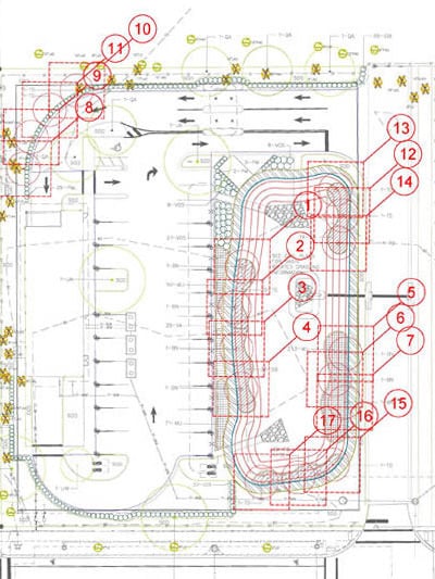 A landscape plan with 17 red circled numbers pointing to specific areas on the plan