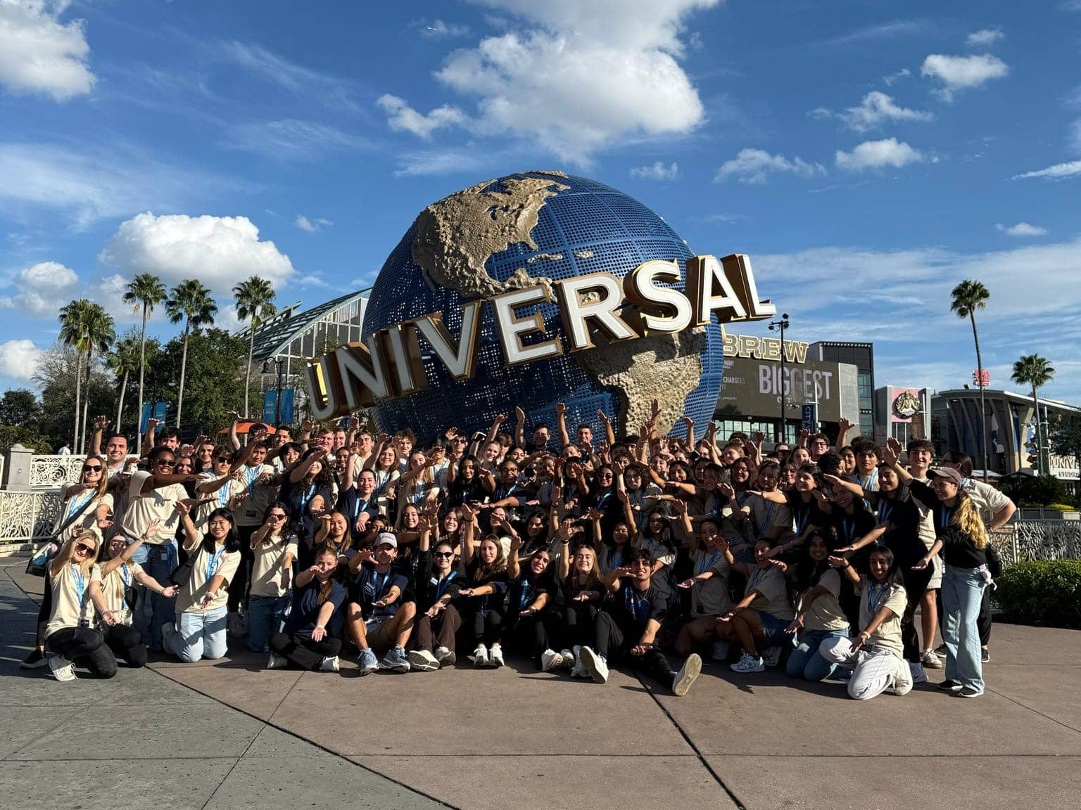 Heavener Second-Year Experience students Gator Chomp at the Universal Studios globe.