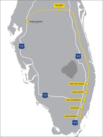 Map of lower Florida showing the Brightline passenger rail map and stations from MiamiCentral, Aventura, Ft. Lauderdale, Boca Raton, West Palm Beach, Orlando and Tampa Station